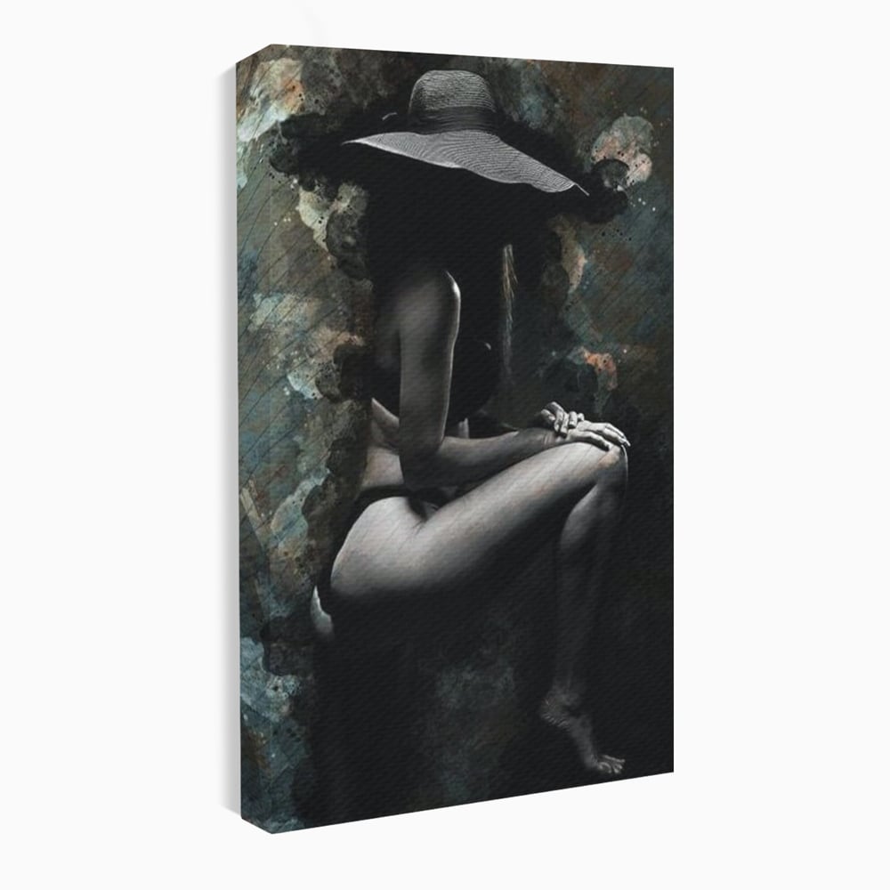 Tablou Canvas Premium LuxCanva® G1017, Sub Palaria Misterului , Palarie, Silueta, Umbra, Dorinta, Senzualitate, Feminitate, Eleganta, Living, Dormitor, Culori vibrante