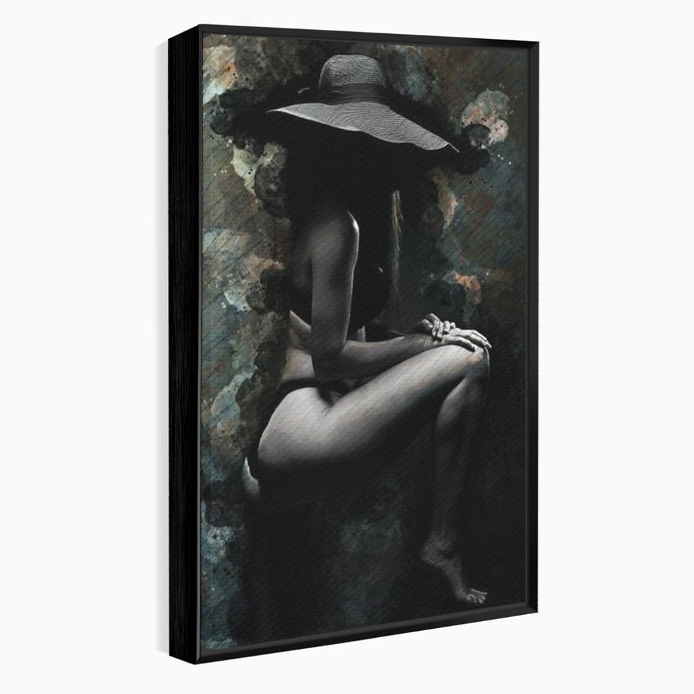 Tablou Canvas Premium LuxCanva® G1017, Sub Palaria Misterului , Palarie, Silueta, Umbra, Dorinta, Senzualitate, Feminitate, Eleganta, Living, Dormitor, Culori vibrante