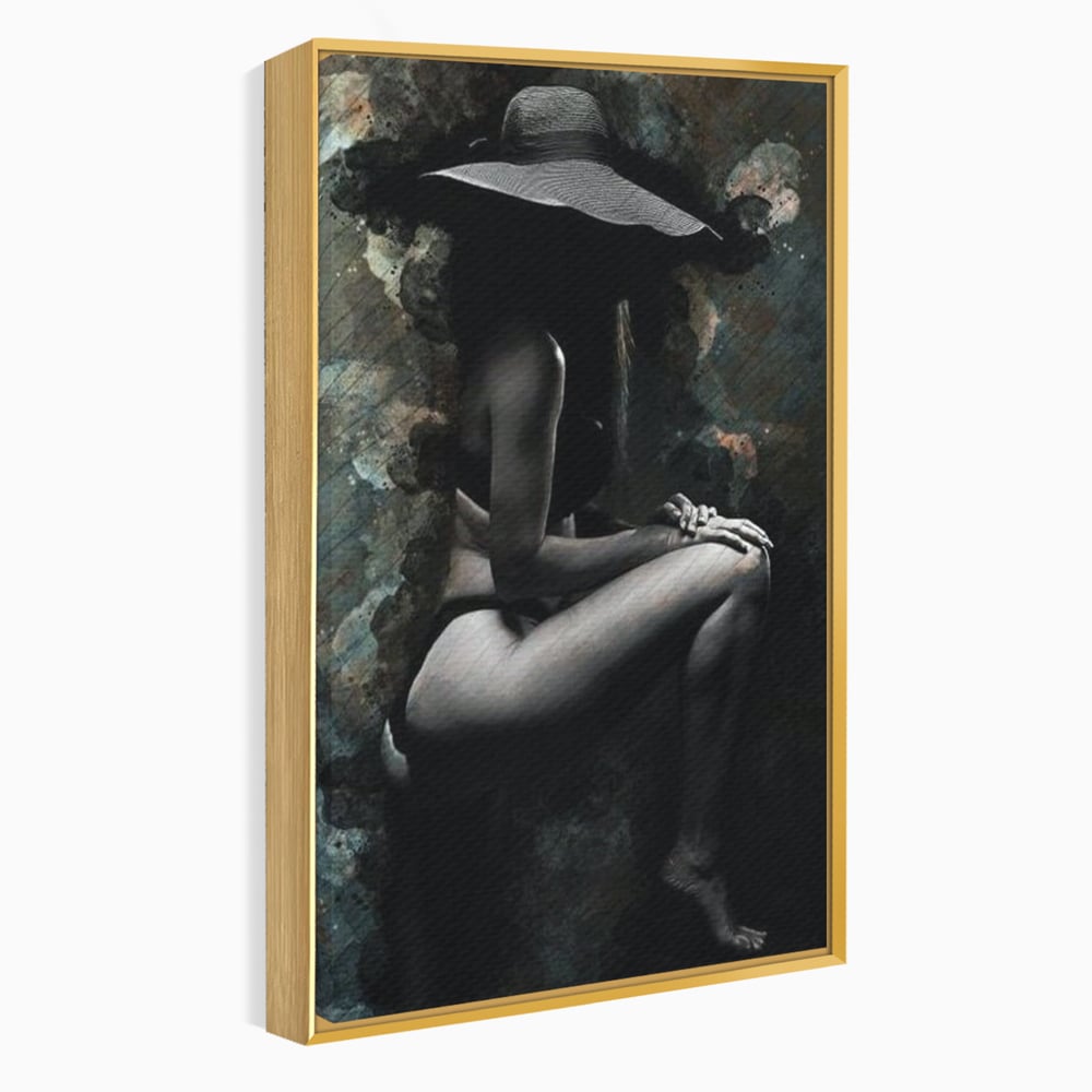 Tablou Canvas Premium LuxCanva® G1017, Sub Palaria Misterului , Palarie, Silueta, Umbra, Dorinta, Senzualitate, Feminitate, Eleganta, Living, Dormitor, Culori vibrante