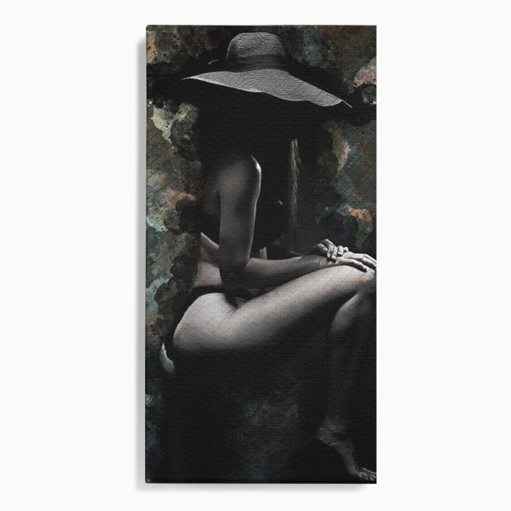 Tablou Canvas Premium LuxCanva® G1017, Sub Palaria Misterului , Palarie, Silueta, Umbra, Dorinta, Senzualitate, Feminitate, Eleganta, Living, Dormitor, Culori vibrante