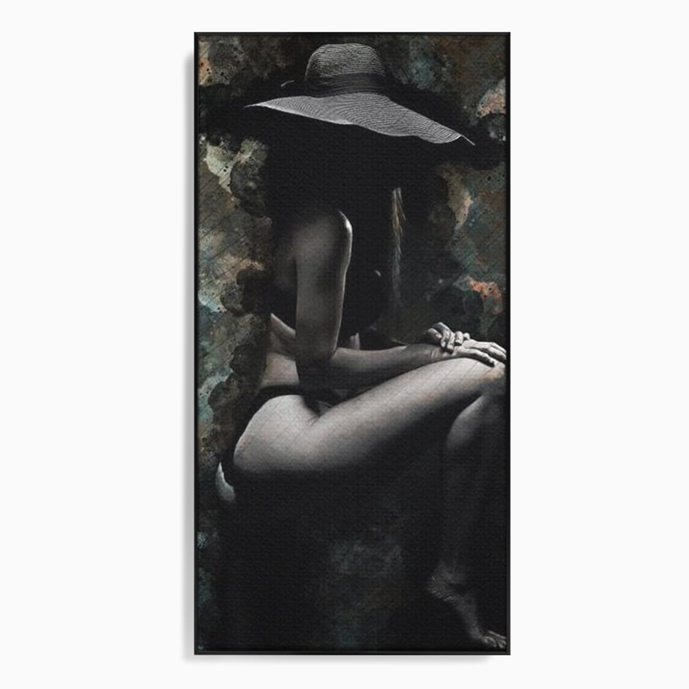 Tablou Canvas Premium LuxCanva® G1017, Sub Palaria Misterului , Palarie, Silueta, Umbra, Dorinta, Senzualitate, Feminitate, Eleganta, Living, Dormitor, Culori vibrante