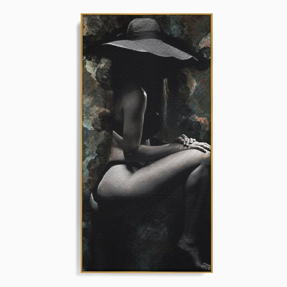 Tablou Canvas Premium LuxCanva® G1017, Sub Palaria Misterului , Palarie, Silueta, Umbra, Dorinta, Senzualitate, Feminitate, Eleganta, Living, Dormitor, Culori vibrante