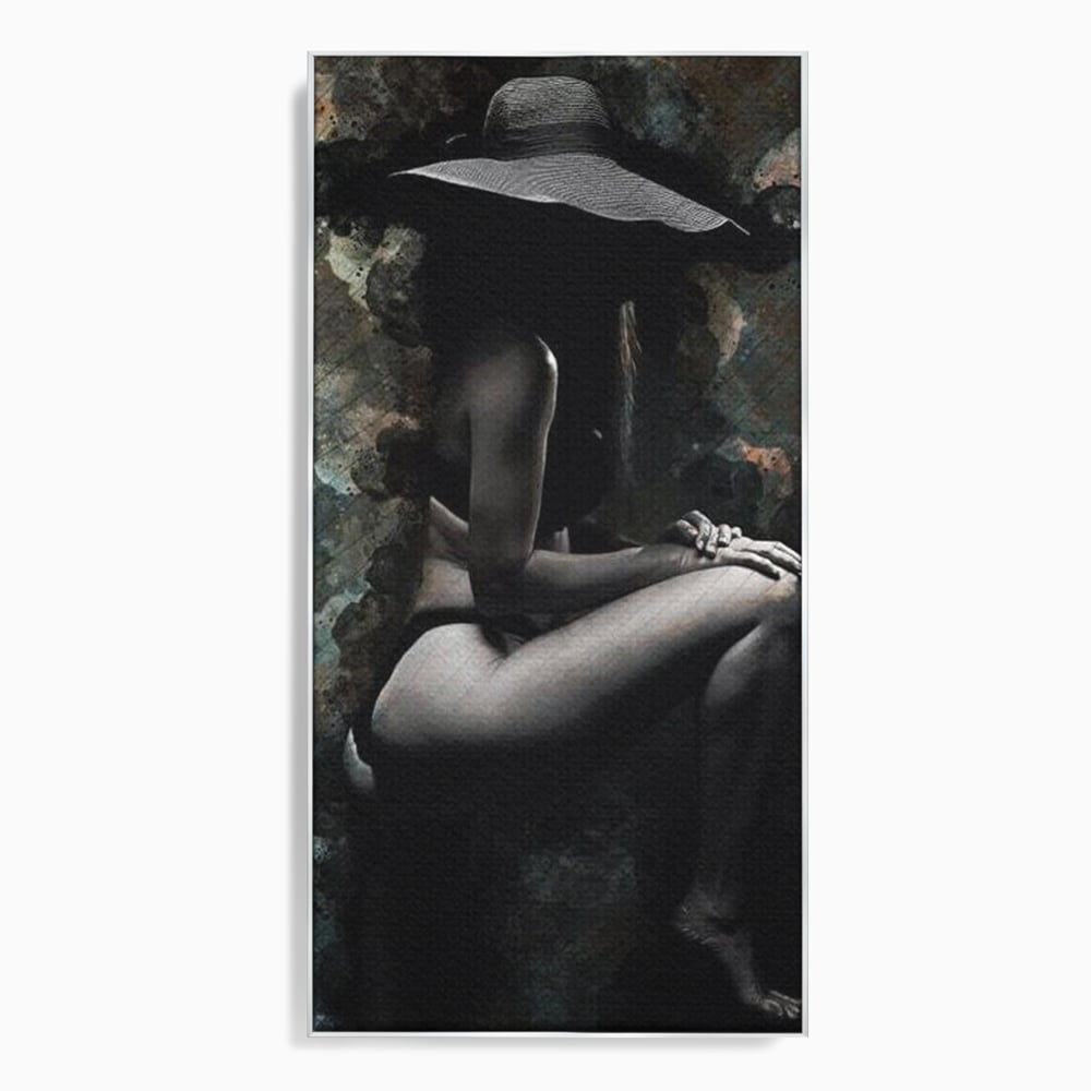 Tablou Canvas Premium LuxCanva® G1017, Sub Palaria Misterului , Palarie, Silueta, Umbra, Dorinta, Senzualitate, Feminitate, Eleganta, Living, Dormitor, Culori vibrante