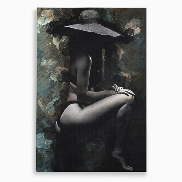 Tablou Canvas Premium LuxCanva® G1017, Sub Palaria Misterului , Palarie, Silueta, Umbra, Dorinta, Senzualitate, Feminitate, Eleganta, Living, Dormitor, Culori vibrante