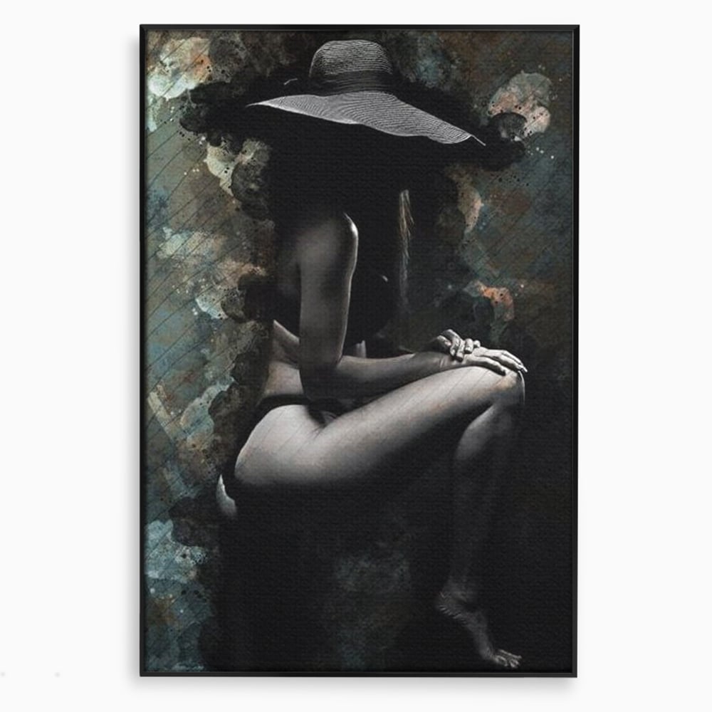 Tablou Canvas Premium LuxCanva® G1017, Sub Palaria Misterului , Palarie, Silueta, Umbra, Dorinta, Senzualitate, Feminitate, Eleganta, Living, Dormitor, Culori vibrante