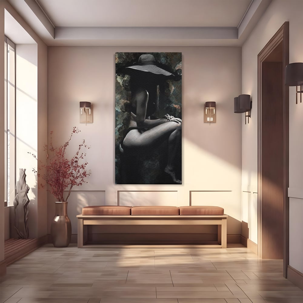 Tablou Canvas Premium LuxCanva® G1017, Sub Palaria Misterului , Palarie, Silueta, Umbra, Dorinta, Senzualitate, Feminitate, Eleganta, Living, Dormitor, Culori vibrante