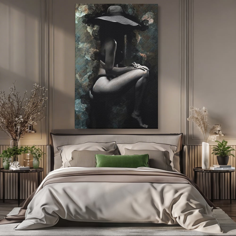 Tablou Canvas Premium LuxCanva® G1017, Sub Palaria Misterului , Palarie, Silueta, Umbra, Dorinta, Senzualitate, Feminitate, Eleganta, Living, Dormitor, Culori vibrante