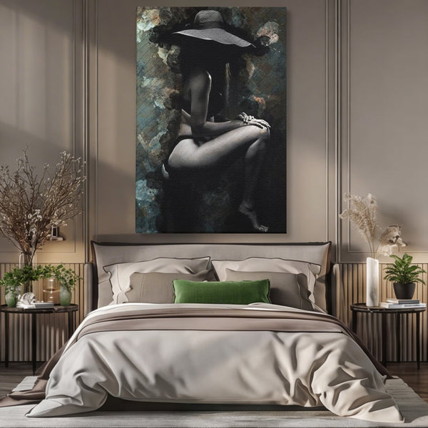 Tablou Canvas Premium LuxCanva® G1017, Sub Palaria Misterului , Palarie, Silueta, Umbra, Dorinta, Senzualitate, Feminitate, Eleganta, Living, Dormitor, Culori vibrante