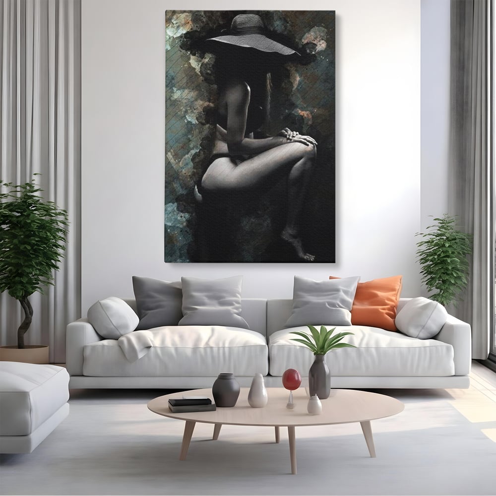 Tablou Canvas Premium LuxCanva® G1017, Sub Palaria Misterului , Palarie, Silueta, Umbra, Dorinta, Senzualitate, Feminitate, Eleganta, Living, Dormitor, Culori vibrante