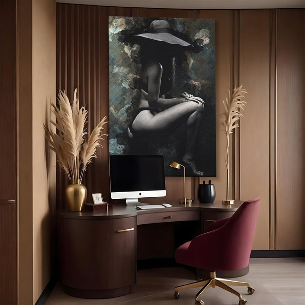 Tablou Canvas Premium LuxCanva® G1017, Sub Palaria Misterului , Palarie, Silueta, Umbra, Dorinta, Senzualitate, Feminitate, Eleganta, Living, Dormitor, Culori vibrante