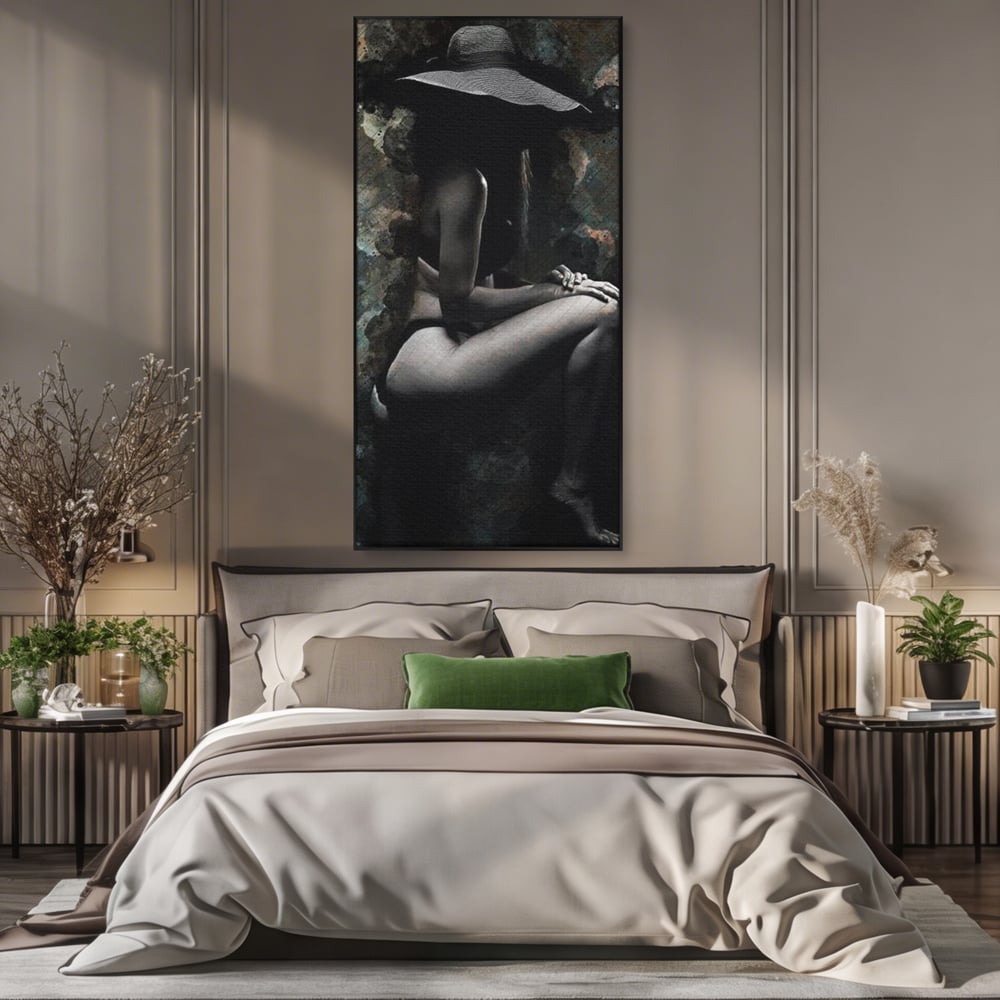 Tablou Canvas Premium LuxCanva® G1017, Sub Palaria Misterului , Palarie, Silueta, Umbra, Dorinta, Senzualitate, Feminitate, Eleganta, Living, Dormitor, Culori vibrante
