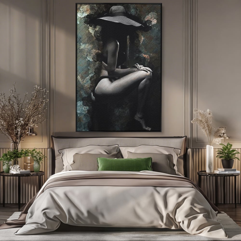 Tablou Canvas Premium LuxCanva® G1017, Sub Palaria Misterului , Palarie, Silueta, Umbra, Dorinta, Senzualitate, Feminitate, Eleganta, Living, Dormitor, Culori vibrante