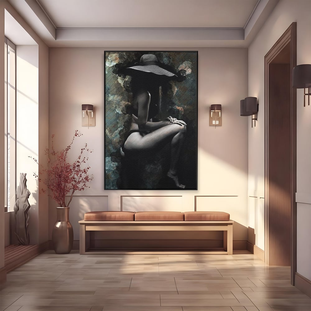 Tablou Canvas Premium LuxCanva® G1017, Sub Palaria Misterului , Palarie, Silueta, Umbra, Dorinta, Senzualitate, Feminitate, Eleganta, Living, Dormitor, Culori vibrante