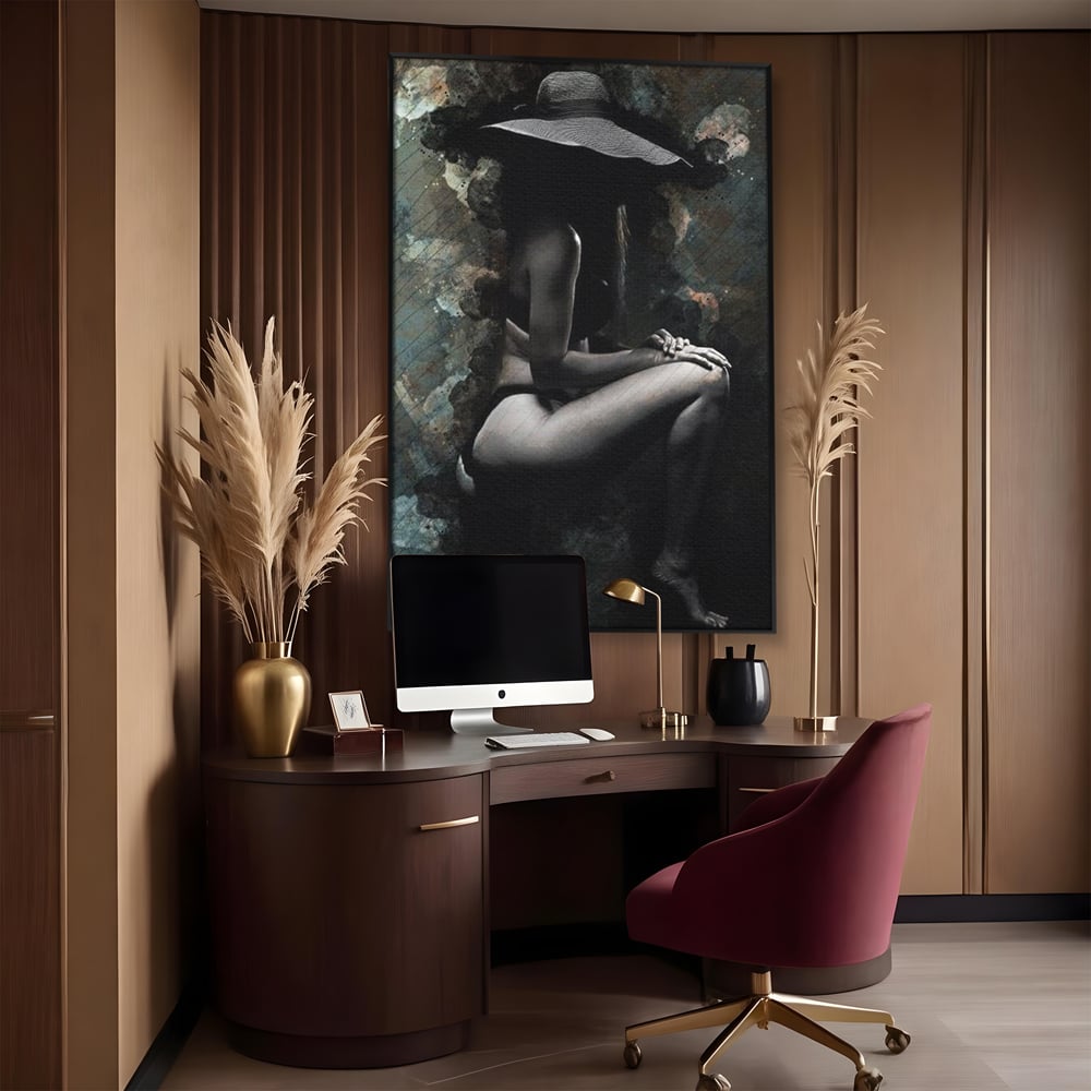 Tablou Canvas Premium LuxCanva® G1017, Sub Palaria Misterului , Palarie, Silueta, Umbra, Dorinta, Senzualitate, Feminitate, Eleganta, Living, Dormitor, Culori vibrante
