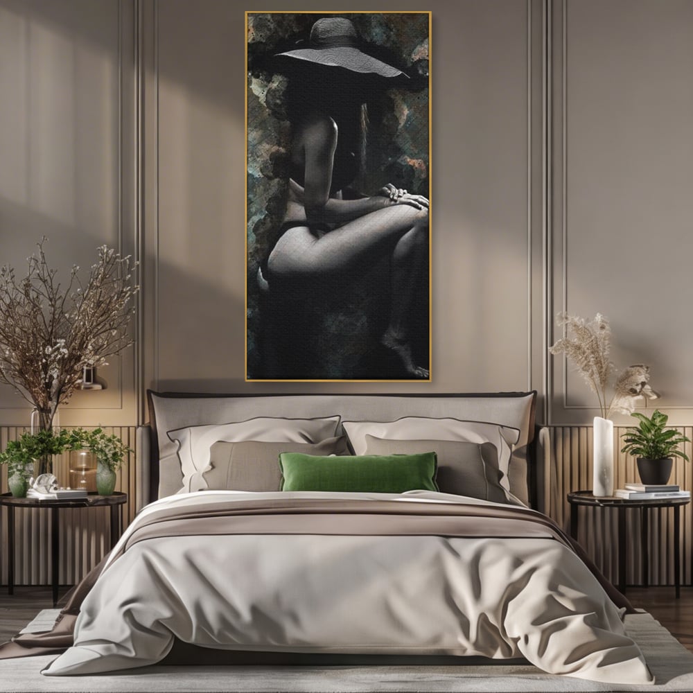 Tablou Canvas Premium LuxCanva® G1017, Sub Palaria Misterului , Palarie, Silueta, Umbra, Dorinta, Senzualitate, Feminitate, Eleganta, Living, Dormitor, Culori vibrante