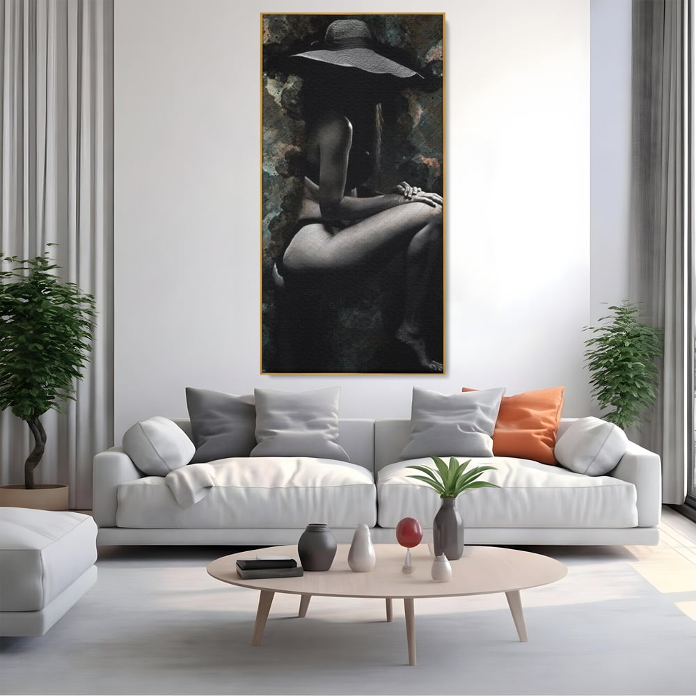 Tablou Canvas Premium LuxCanva® G1017, Sub Palaria Misterului , Palarie, Silueta, Umbra, Dorinta, Senzualitate, Feminitate, Eleganta, Living, Dormitor, Culori vibrante