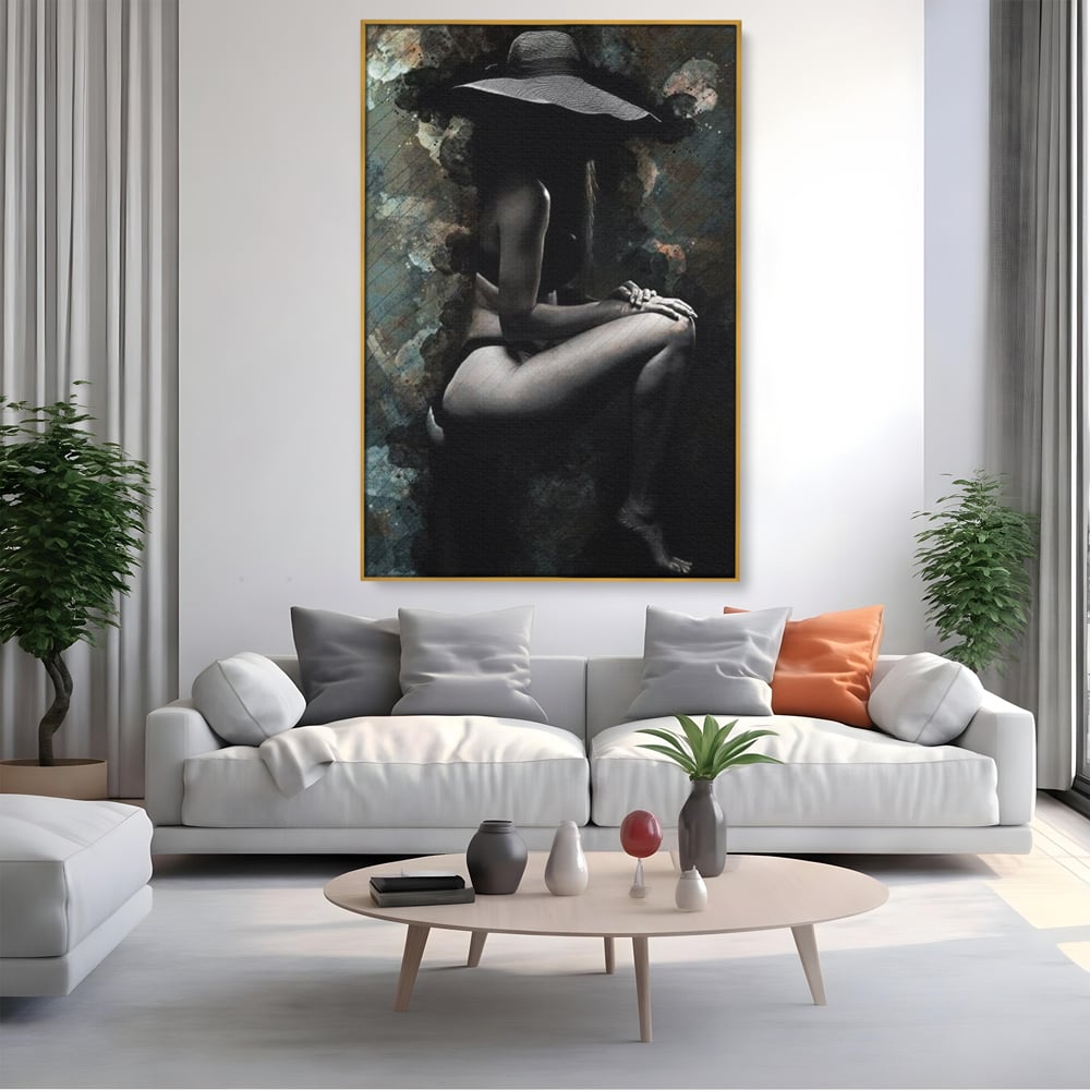 Tablou Canvas Premium LuxCanva® G1017, Sub Palaria Misterului , Palarie, Silueta, Umbra, Dorinta, Senzualitate, Feminitate, Eleganta, Living, Dormitor, Culori vibrante