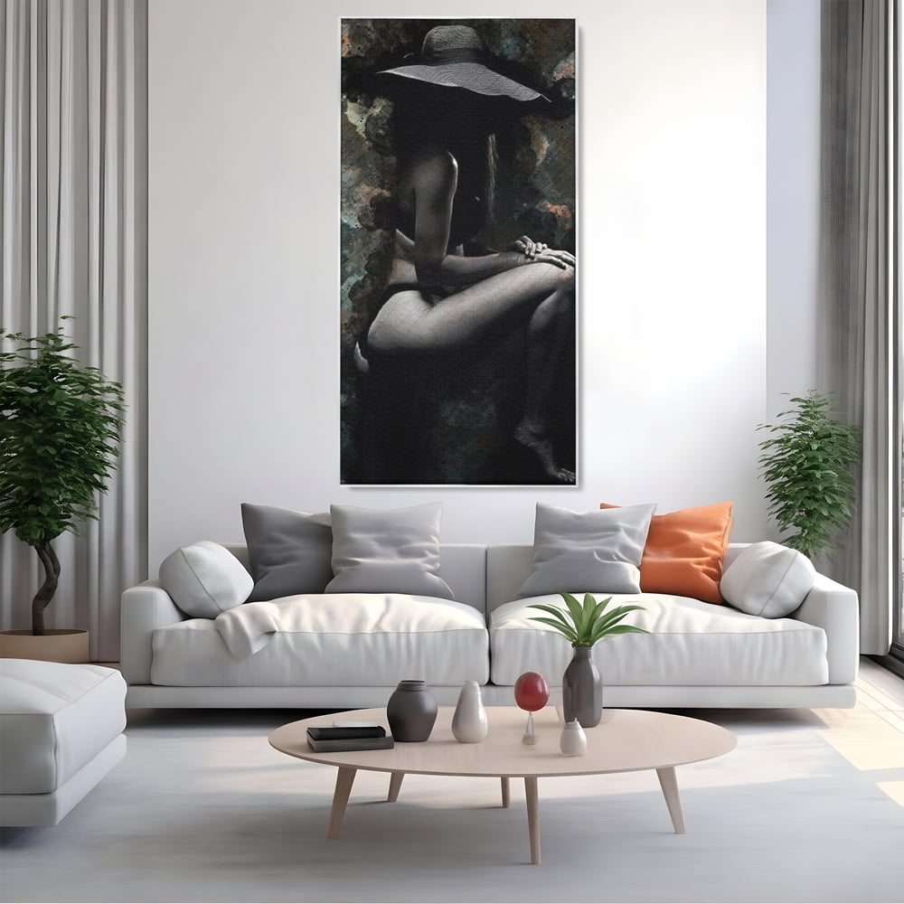 Tablou Canvas Premium LuxCanva® G1017, Sub Palaria Misterului , Palarie, Silueta, Umbra, Dorinta, Senzualitate, Feminitate, Eleganta, Living, Dormitor, Culori vibrante