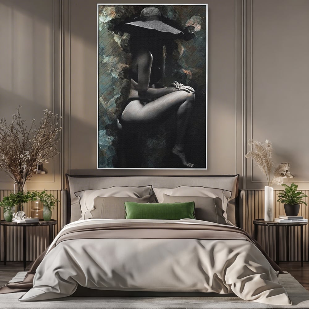 Tablou Canvas Premium LuxCanva® G1017, Sub Palaria Misterului , Palarie, Silueta, Umbra, Dorinta, Senzualitate, Feminitate, Eleganta, Living, Dormitor, Culori vibrante