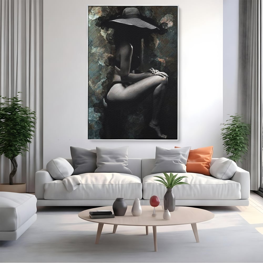 Tablou Canvas Premium LuxCanva® G1017, Sub Palaria Misterului , Palarie, Silueta, Umbra, Dorinta, Senzualitate, Feminitate, Eleganta, Living, Dormitor, Culori vibrante