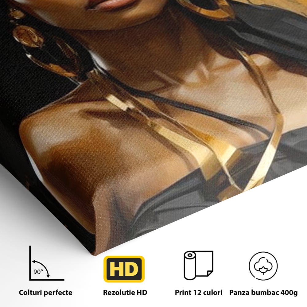 Tablou Canvas Premium LuxCanva® G1019, Femeia In Negru ,  Enigma, Palarie, Glamour, Dramatism, Boem, Rafinament, Cercei, Living, Dormitor, Culori vibrante
