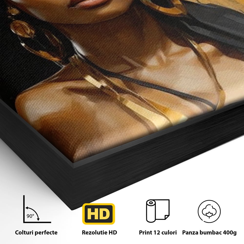 Tablou Canvas Premium LuxCanva® G1019, Femeia In Negru ,  Enigma, Palarie, Glamour, Dramatism, Boem, Rafinament, Cercei, Living, Dormitor, Culori vibrante