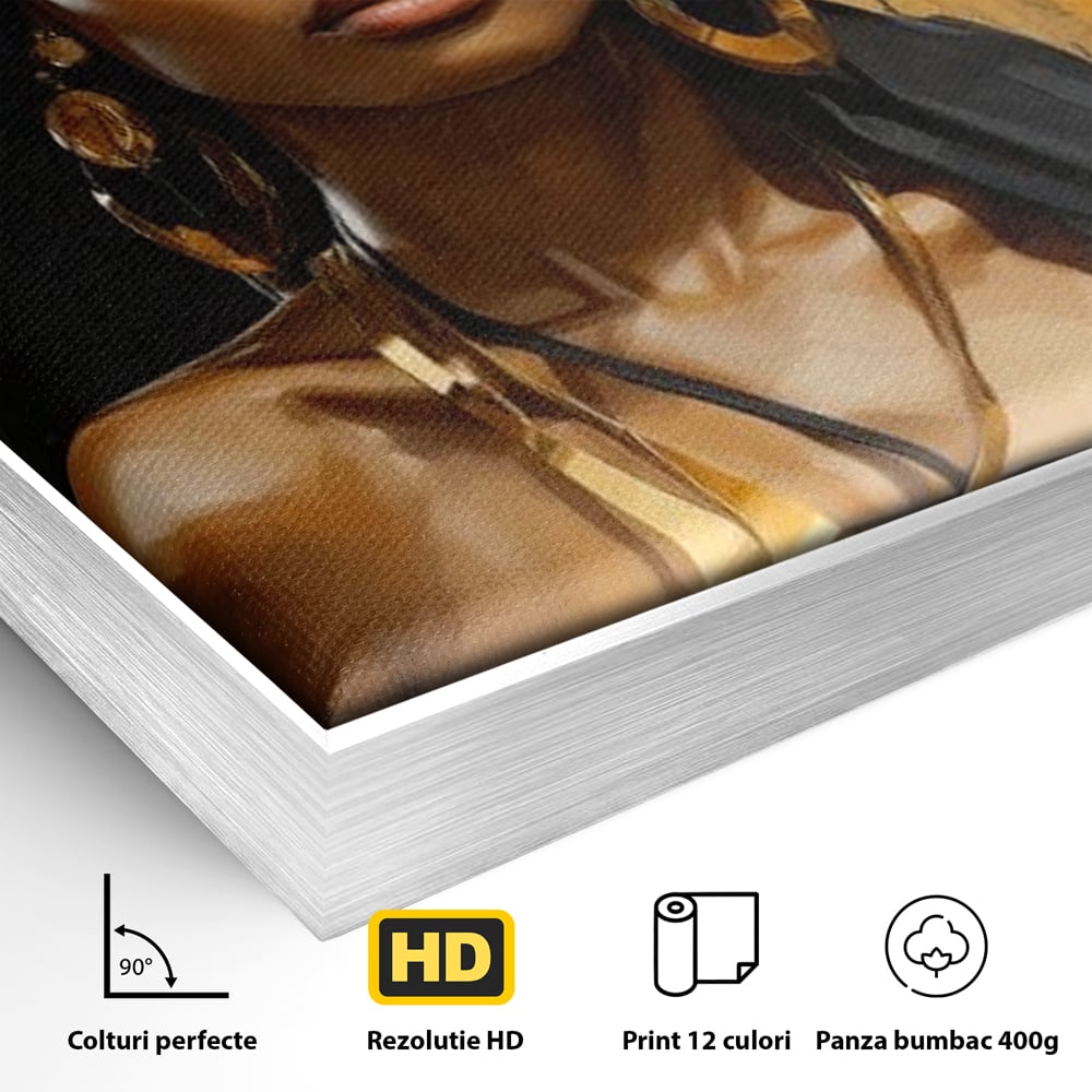 Tablou Canvas Premium LuxCanva® G1019, Femeia In Negru ,  Enigma, Palarie, Glamour, Dramatism, Boem, Rafinament, Cercei, Living, Dormitor, Culori vibrante