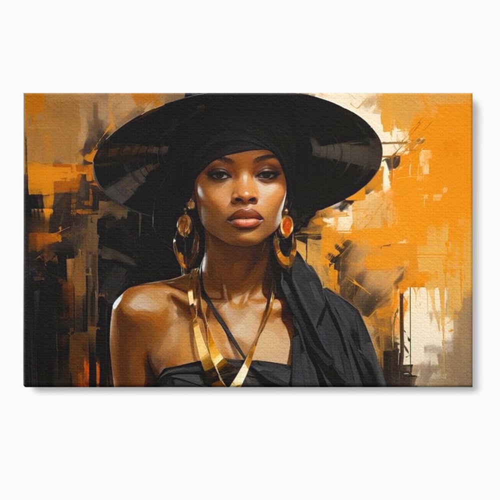 Tablou Canvas Premium LuxCanva® G1019, Femeia In Negru ,  Enigma, Palarie, Glamour, Dramatism, Boem, Rafinament, Cercei, Living, Dormitor, Culori vibrante