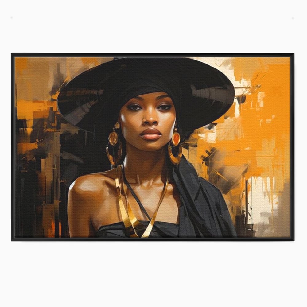Tablou Canvas Premium LuxCanva® G1019, Femeia In Negru ,  Enigma, Palarie, Glamour, Dramatism, Boem, Rafinament, Cercei, Living, Dormitor, Culori vibrante