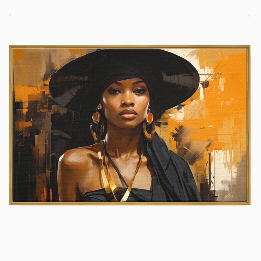 Tablou Canvas Premium LuxCanva® G1019, Femeia In Negru ,  Enigma, Palarie, Glamour, Dramatism, Boem, Rafinament, Cercei, Living, Dormitor, Culori vibrante