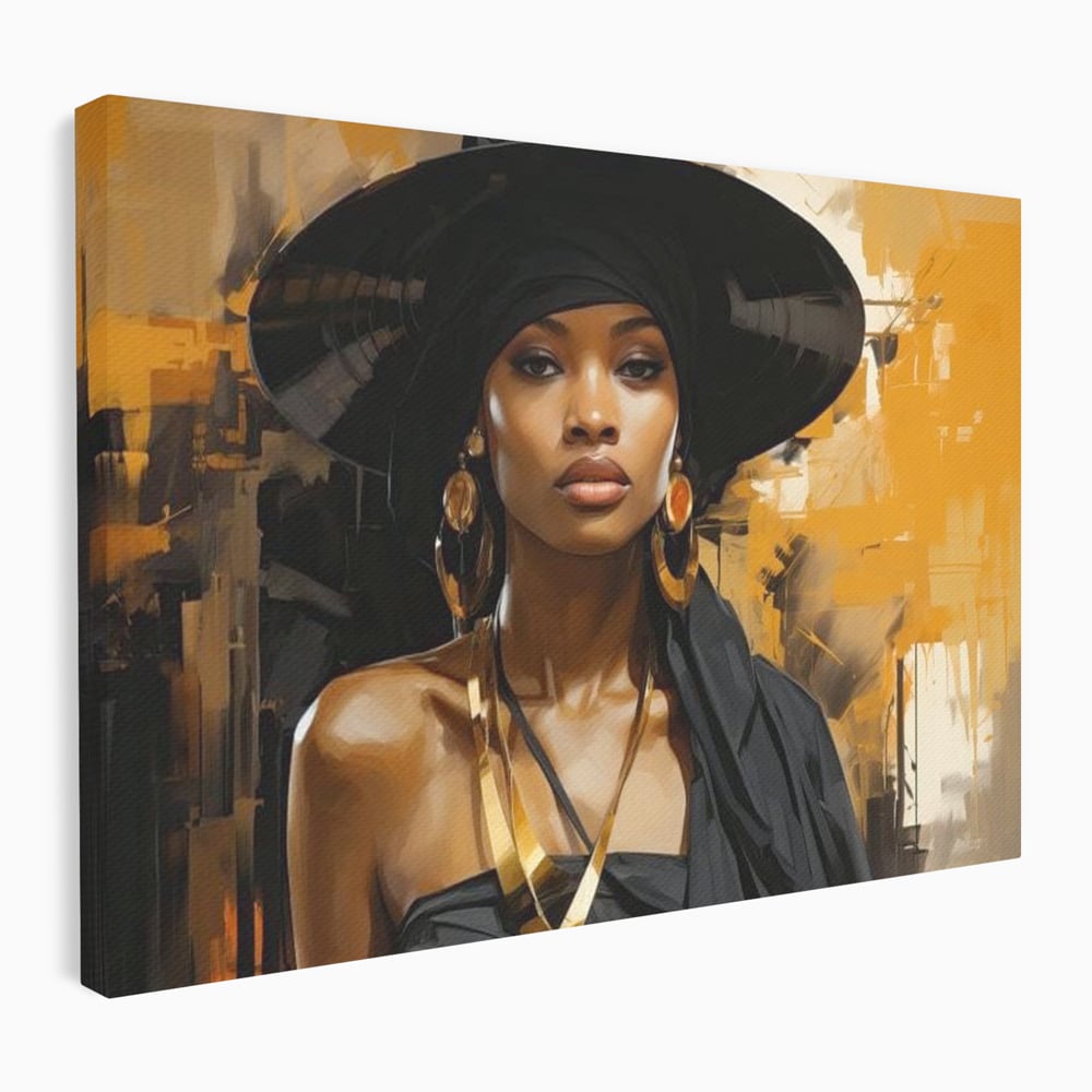 Tablou Canvas Premium LuxCanva® G1019, Femeia In Negru ,  Enigma, Palarie, Glamour, Dramatism, Boem, Rafinament, Cercei, Living, Dormitor, Culori vibrante