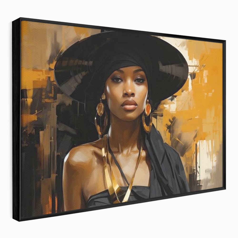 Tablou Canvas Premium LuxCanva® G1019, Femeia In Negru ,  Enigma, Palarie, Glamour, Dramatism, Boem, Rafinament, Cercei, Living, Dormitor, Culori vibrante