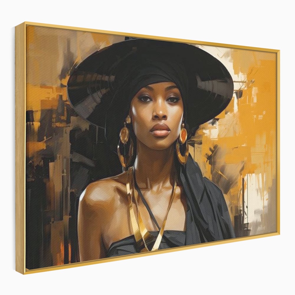 Tablou Canvas Premium LuxCanva® G1019, Femeia In Negru ,  Enigma, Palarie, Glamour, Dramatism, Boem, Rafinament, Cercei, Living, Dormitor, Culori vibrante