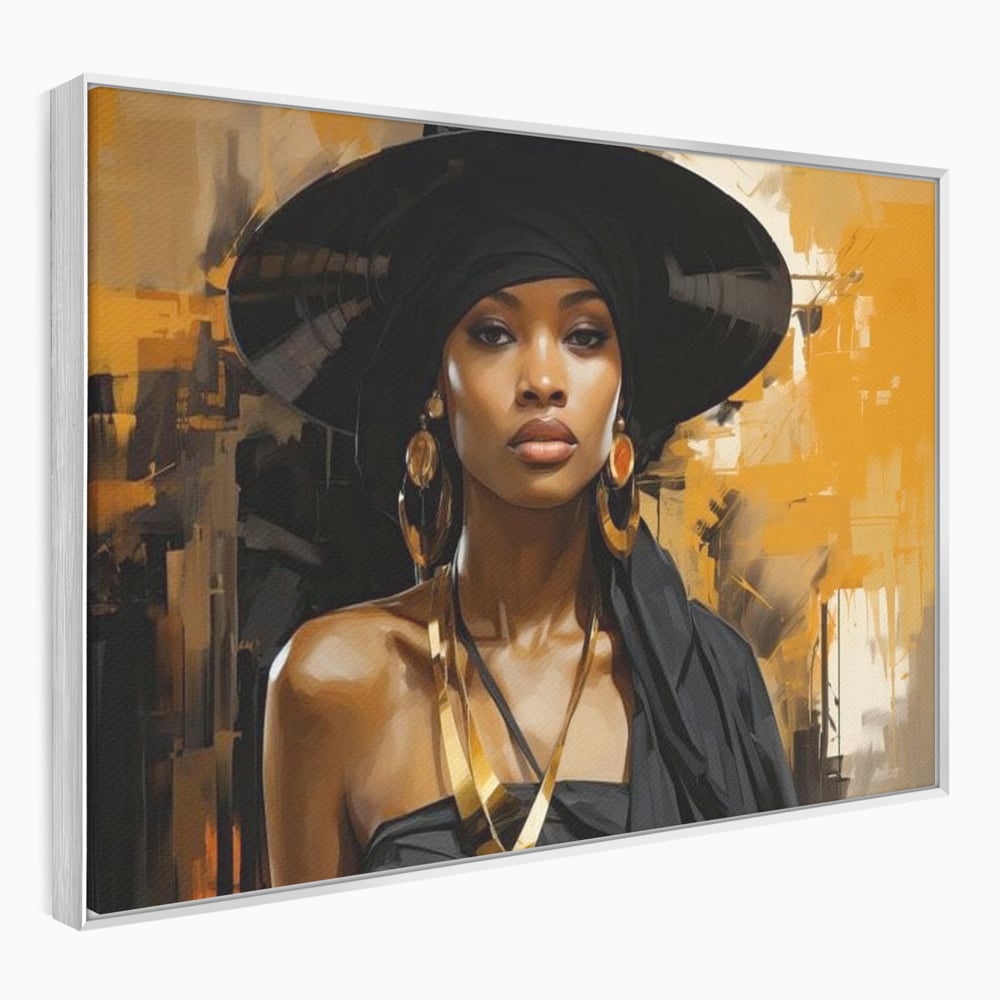 Tablou Canvas Premium LuxCanva® G1019, Femeia In Negru ,  Enigma, Palarie, Glamour, Dramatism, Boem, Rafinament, Cercei, Living, Dormitor, Culori vibrante