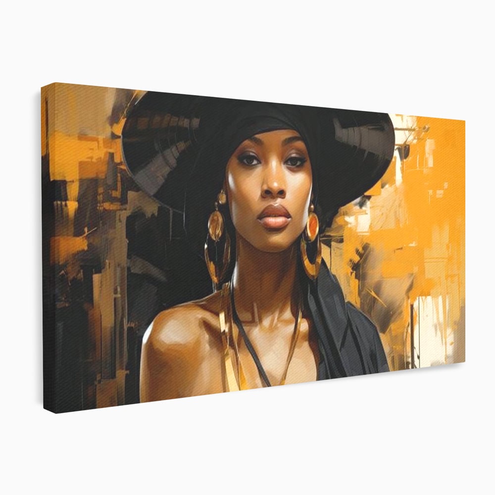 Tablou Canvas Premium LuxCanva® G1019, Femeia In Negru ,  Enigma, Palarie, Glamour, Dramatism, Boem, Rafinament, Cercei, Living, Dormitor, Culori vibrante