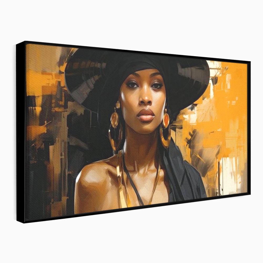 Tablou Canvas Premium LuxCanva® G1019, Femeia In Negru ,  Enigma, Palarie, Glamour, Dramatism, Boem, Rafinament, Cercei, Living, Dormitor, Culori vibrante