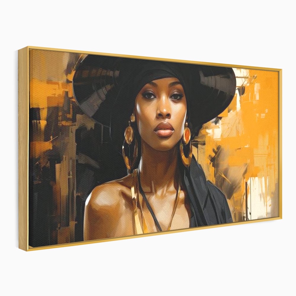 Tablou Canvas Premium LuxCanva® G1019, Femeia In Negru ,  Enigma, Palarie, Glamour, Dramatism, Boem, Rafinament, Cercei, Living, Dormitor, Culori vibrante