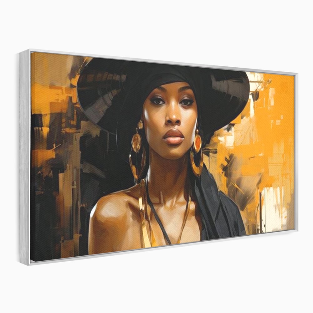 Tablou Canvas Premium LuxCanva® G1019, Femeia In Negru ,  Enigma, Palarie, Glamour, Dramatism, Boem, Rafinament, Cercei, Living, Dormitor, Culori vibrante