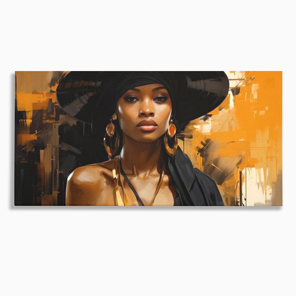 Tablou Canvas Premium LuxCanva® G1019, Femeia In Negru ,  Enigma, Palarie, Glamour, Dramatism, Boem, Rafinament, Cercei, Living, Dormitor, Culori vibrante