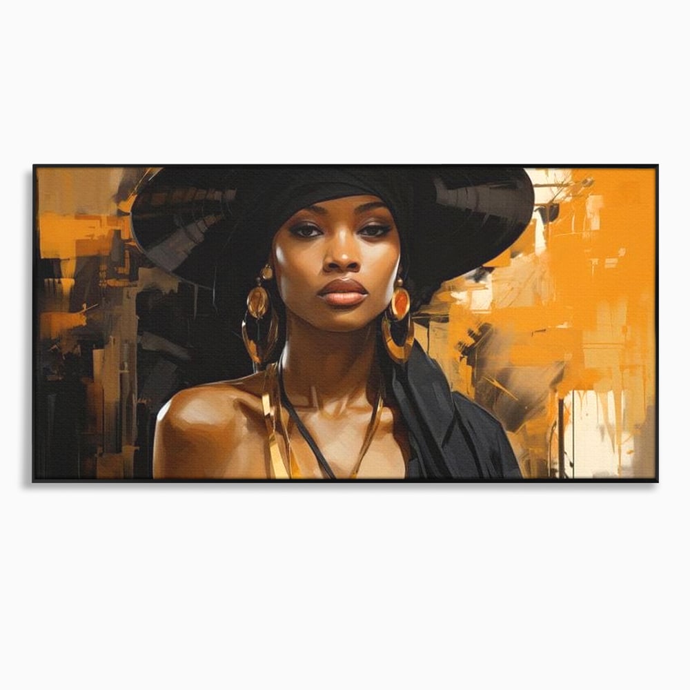 Tablou Canvas Premium LuxCanva® G1019, Femeia In Negru ,  Enigma, Palarie, Glamour, Dramatism, Boem, Rafinament, Cercei, Living, Dormitor, Culori vibrante