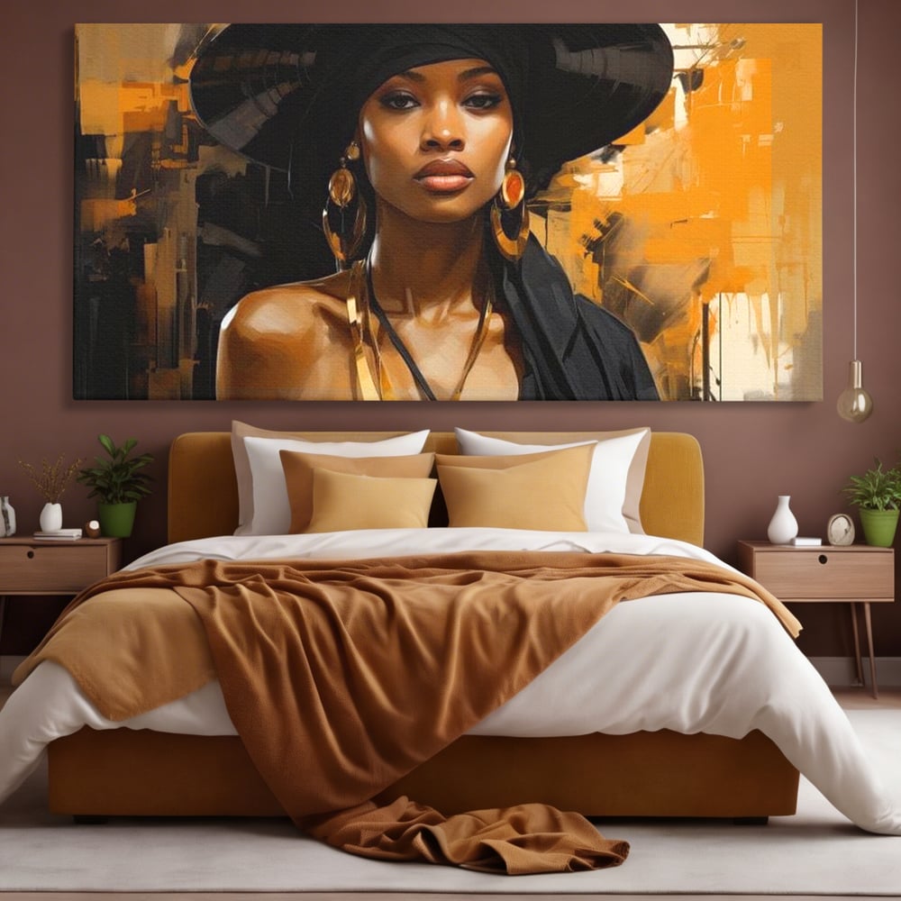 Tablou Canvas Premium LuxCanva® G1019, Femeia In Negru ,  Enigma, Palarie, Glamour, Dramatism, Boem, Rafinament, Cercei, Living, Dormitor, Culori vibrante
