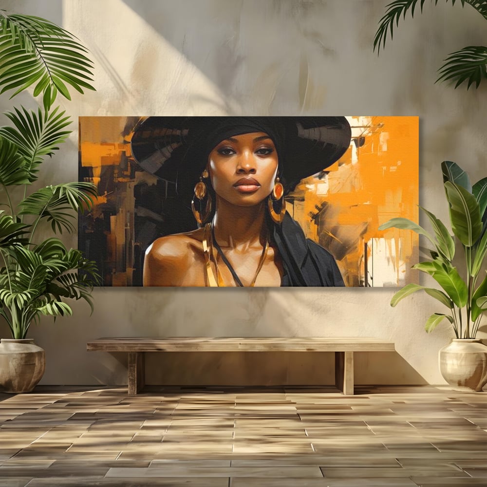 Tablou Canvas Premium LuxCanva® G1019, Femeia In Negru ,  Enigma, Palarie, Glamour, Dramatism, Boem, Rafinament, Cercei, Living, Dormitor, Culori vibrante