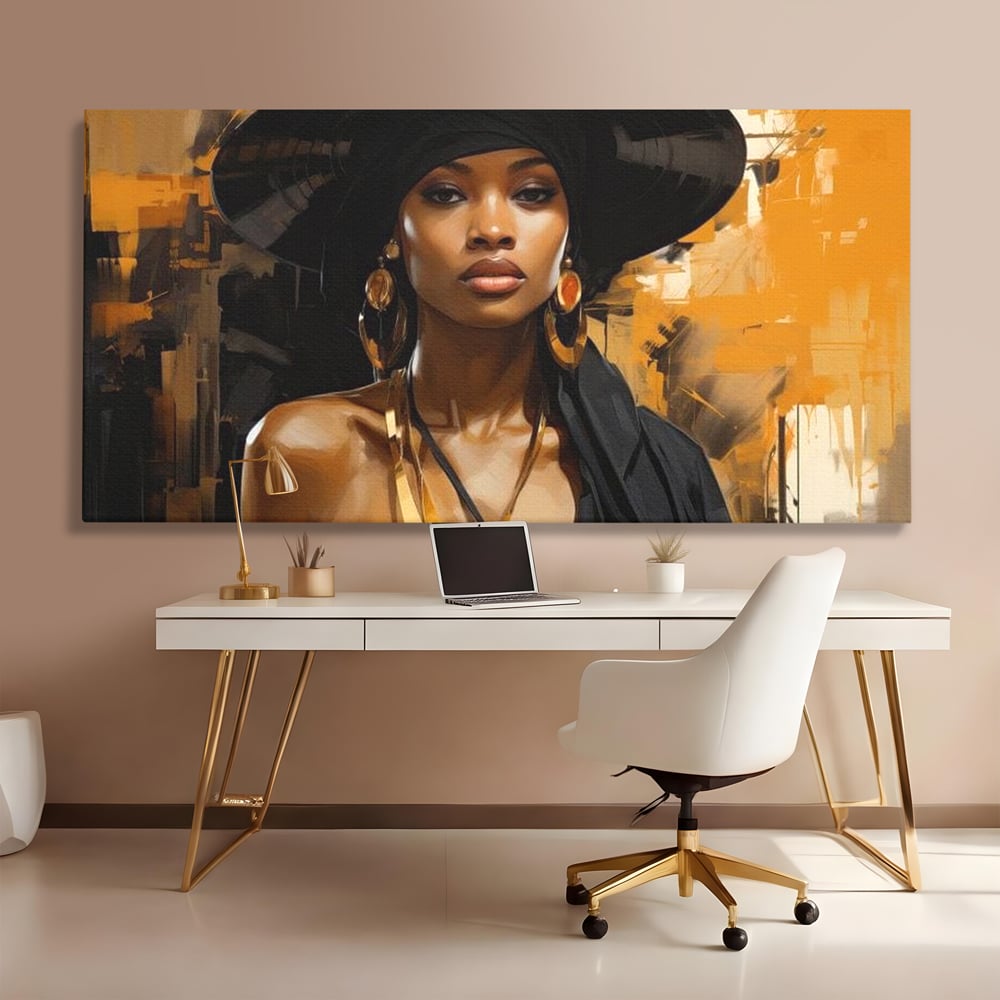 Tablou Canvas Premium LuxCanva® G1019, Femeia In Negru ,  Enigma, Palarie, Glamour, Dramatism, Boem, Rafinament, Cercei, Living, Dormitor, Culori vibrante