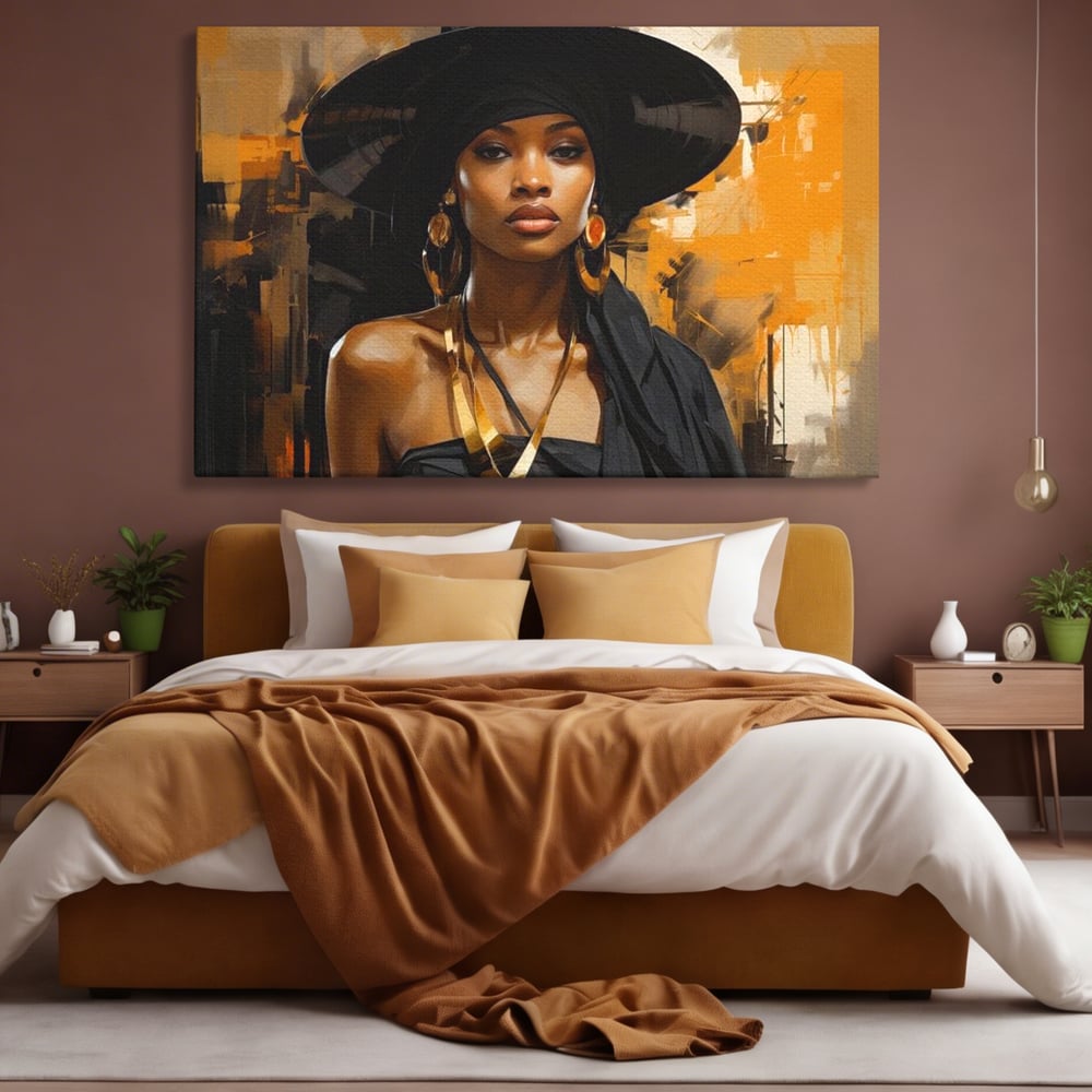 Tablou Canvas Premium LuxCanva® G1019, Femeia In Negru ,  Enigma, Palarie, Glamour, Dramatism, Boem, Rafinament, Cercei, Living, Dormitor, Culori vibrante