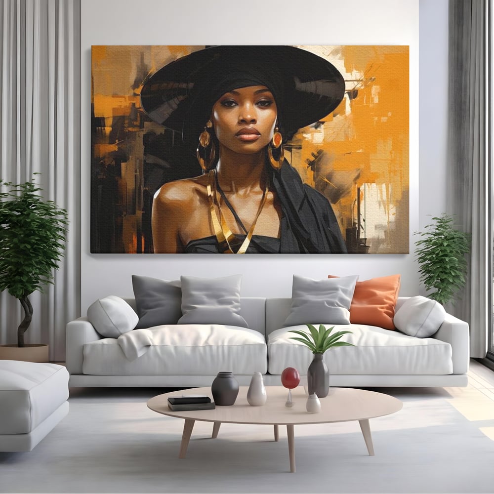 Tablou Canvas Premium LuxCanva® G1019, Femeia In Negru ,  Enigma, Palarie, Glamour, Dramatism, Boem, Rafinament, Cercei, Living, Dormitor, Culori vibrante