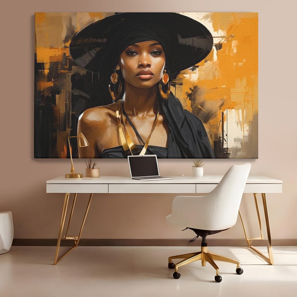 Tablou Canvas Premium LuxCanva® G1019, Femeia In Negru ,  Enigma, Palarie, Glamour, Dramatism, Boem, Rafinament, Cercei, Living, Dormitor, Culori vibrante