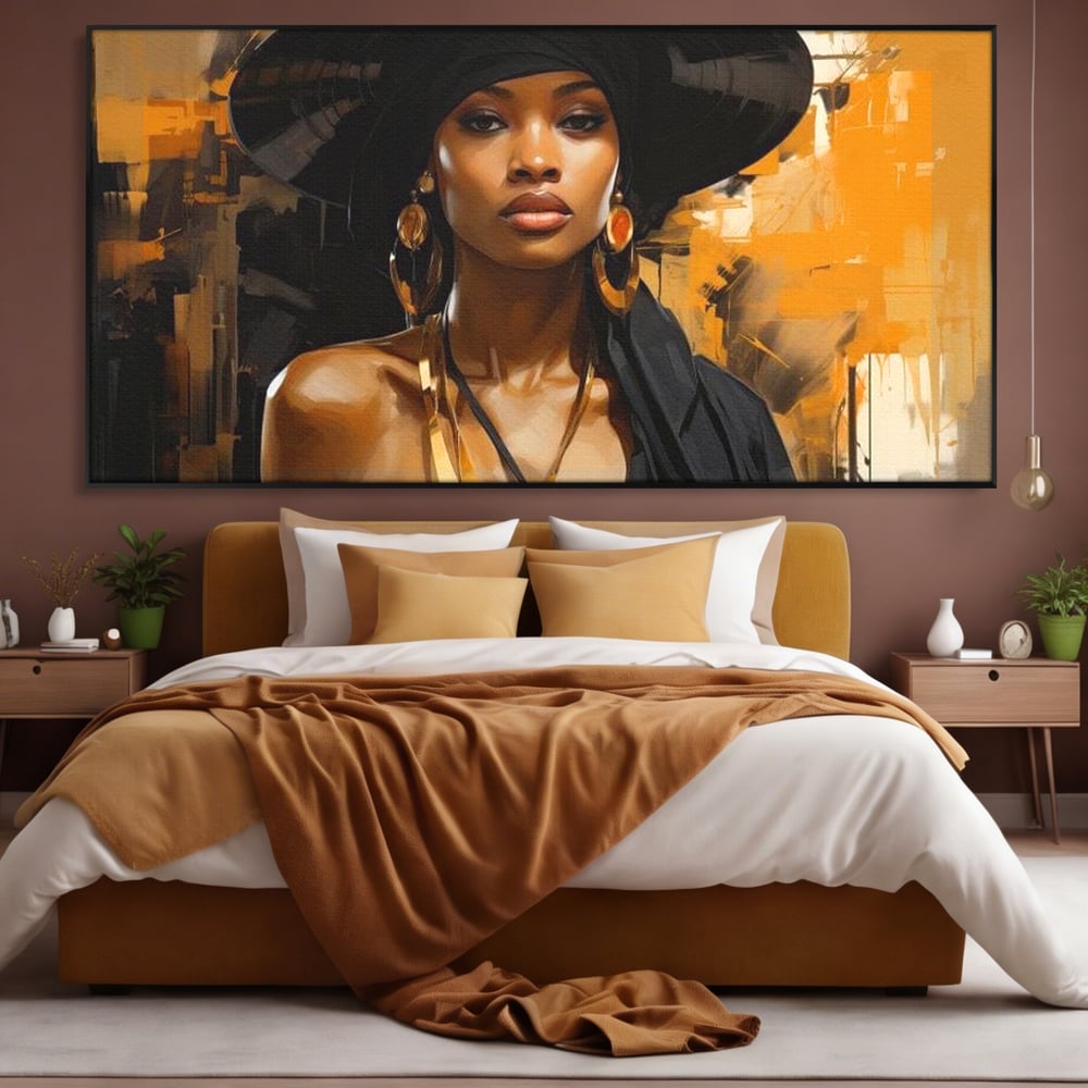 Tablou Canvas Premium LuxCanva® G1019, Femeia In Negru ,  Enigma, Palarie, Glamour, Dramatism, Boem, Rafinament, Cercei, Living, Dormitor, Culori vibrante