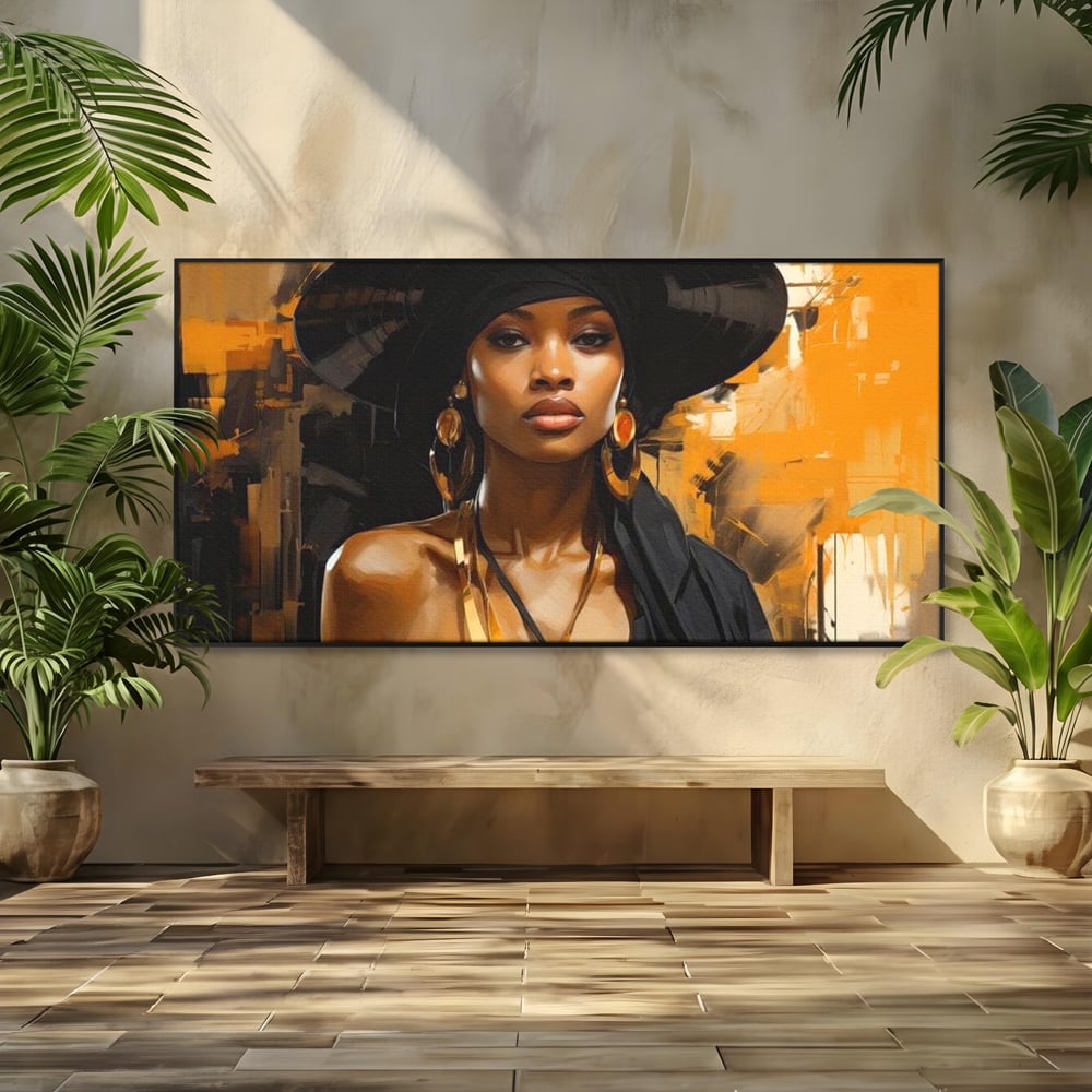 Tablou Canvas Premium LuxCanva® G1019, Femeia In Negru ,  Enigma, Palarie, Glamour, Dramatism, Boem, Rafinament, Cercei, Living, Dormitor, Culori vibrante