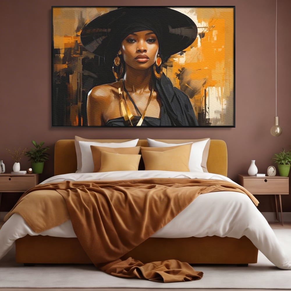 Tablou Canvas Premium LuxCanva® G1019, Femeia In Negru ,  Enigma, Palarie, Glamour, Dramatism, Boem, Rafinament, Cercei, Living, Dormitor, Culori vibrante