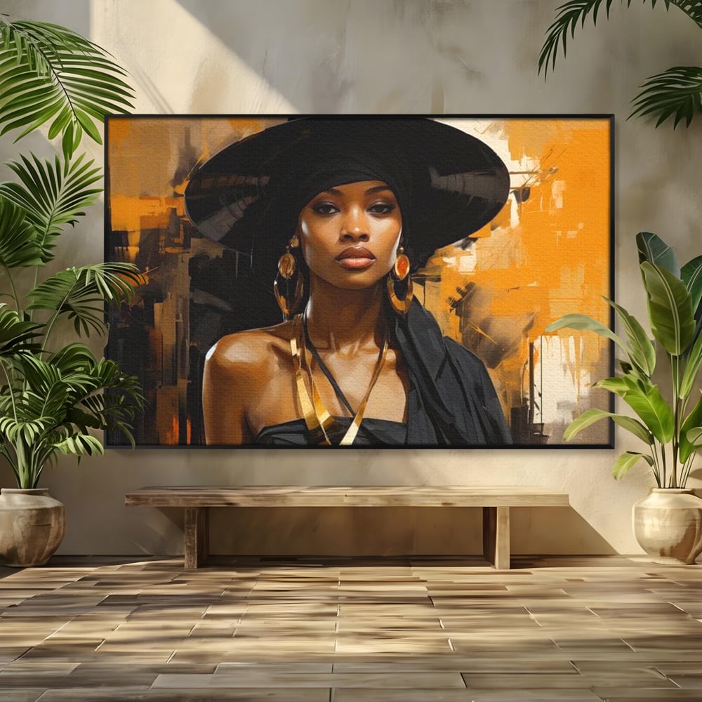 Tablou Canvas Premium LuxCanva® G1019, Femeia In Negru ,  Enigma, Palarie, Glamour, Dramatism, Boem, Rafinament, Cercei, Living, Dormitor, Culori vibrante
